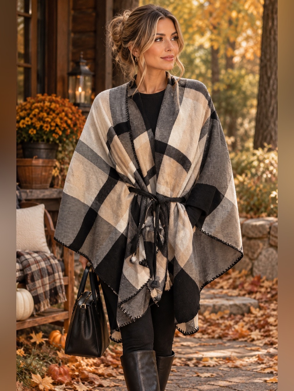 Plaid Cozy Wrap Poncho in Black and Cream – Brand